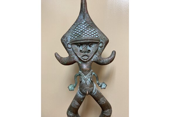 Kota (Bakota if pluralized) bronze figure is reminiscent of their reliquary guardians (Bwete). These folks live along Gabon's border with Rep of Congo. 27 1/4" tall and 9 1/2" w