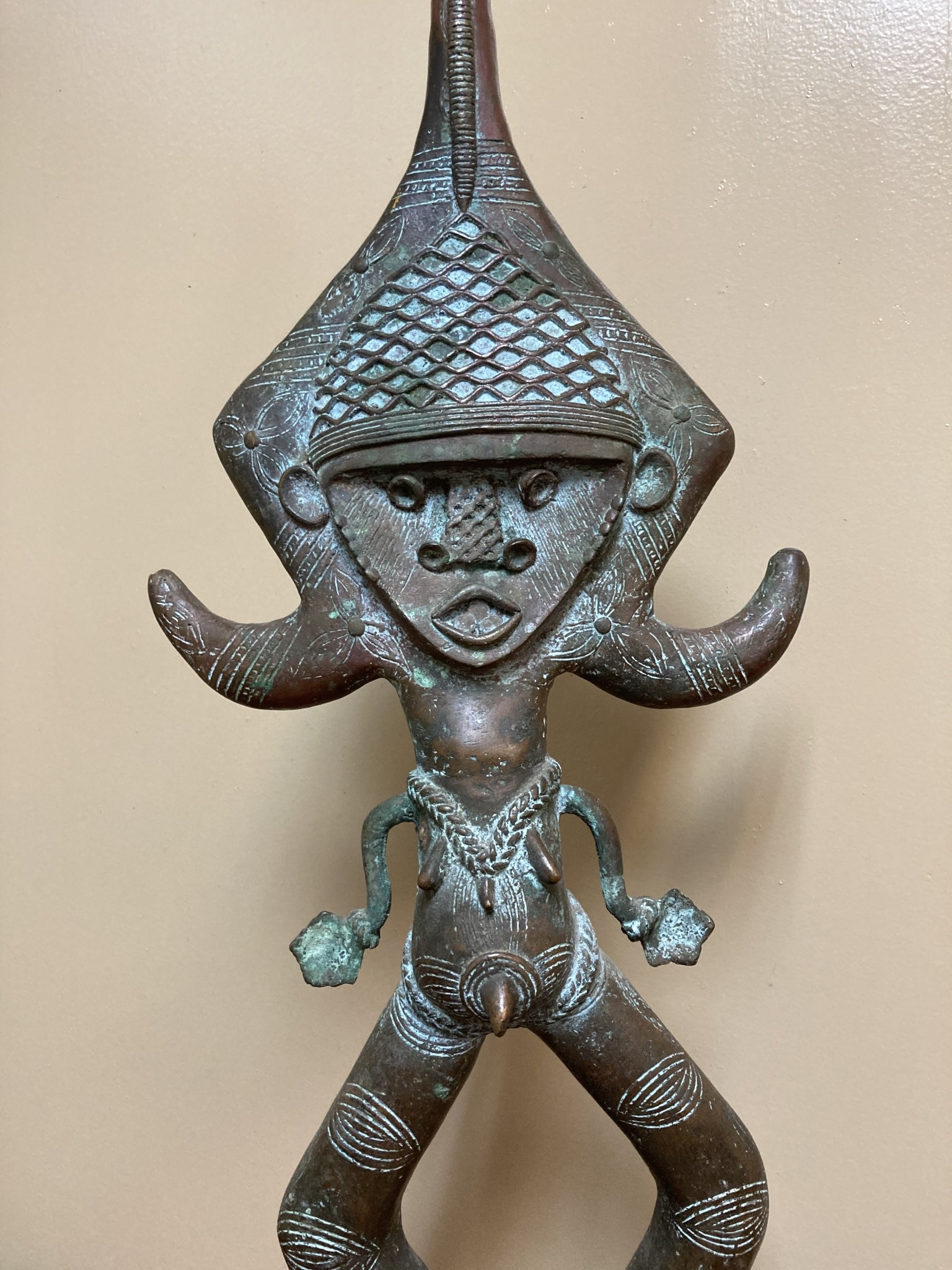 Kota (Bakota if pluralized) bronze figure is reminiscent of their reliquary guardians (Bwete). These folks live along Gabon's border with Rep of Congo. 27 1/4" tall and 9 1/2" w
