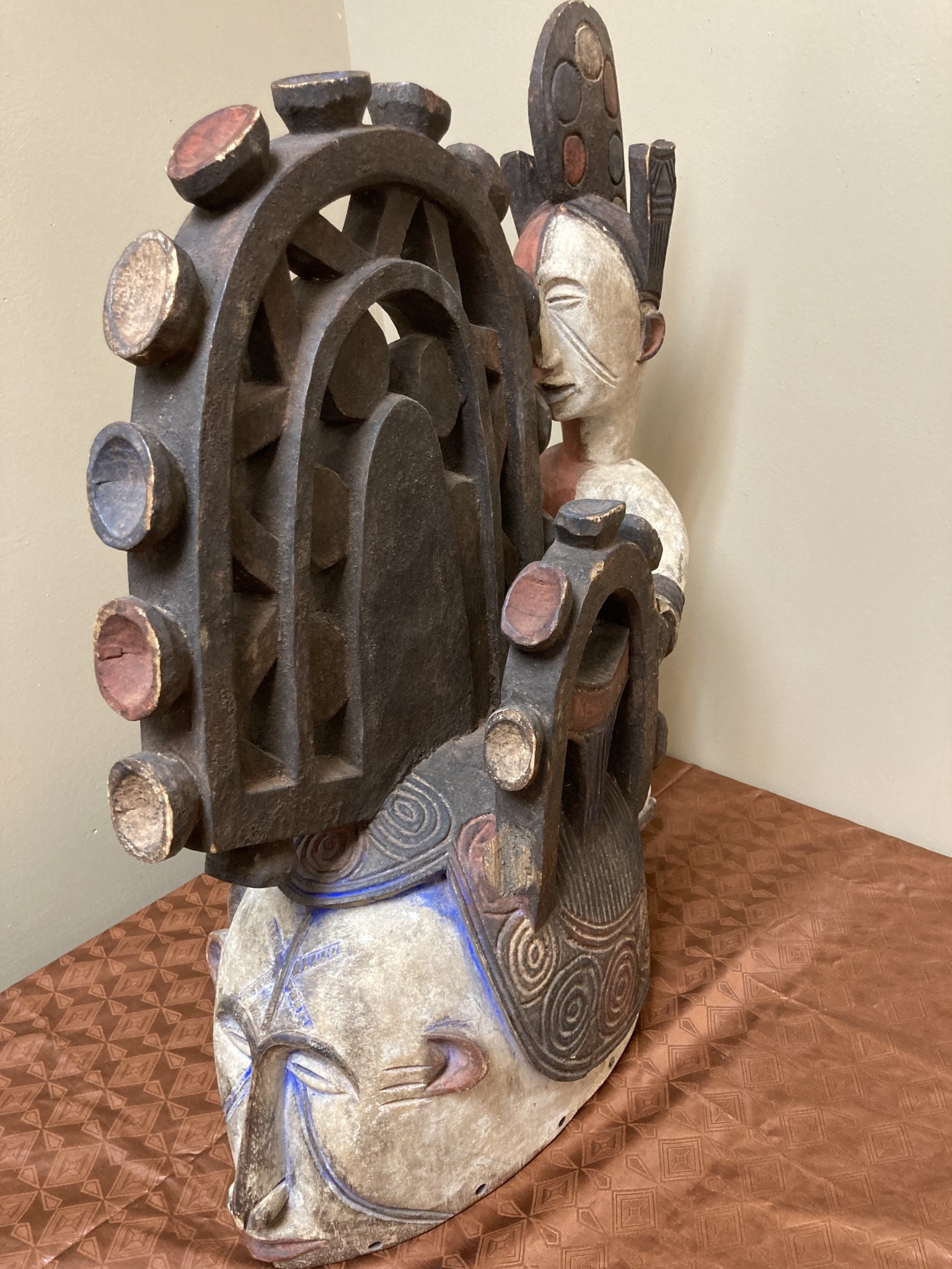 Ibo (Igbo) “Spirit Maiden” mask representing a beautiful young maiden. These masks are danced by men. The Ibo live in the south east of nigeria. 22" tall x 17 1/2" deep x 7" w. $435