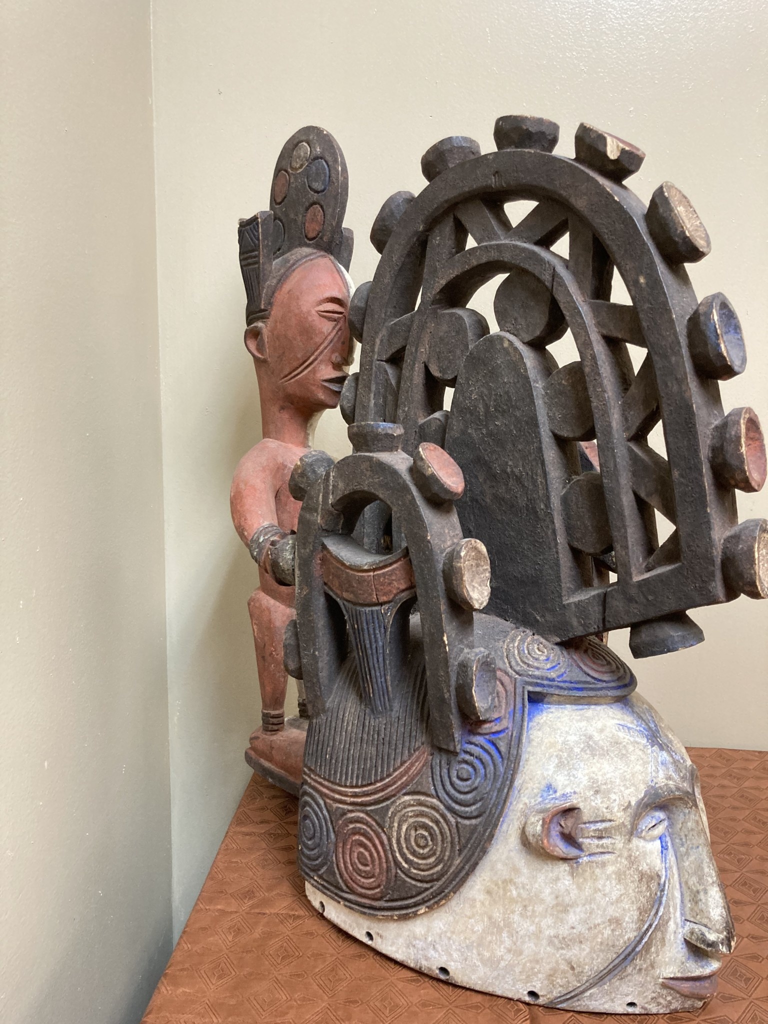 Ibo (Igbo) “Spirit Maiden” mask representing a beautiful young maiden. These masks are danced by men. The Ibo live in the south east of nigeria. 22" tall x 17 1/2" deep x 7" w. $435