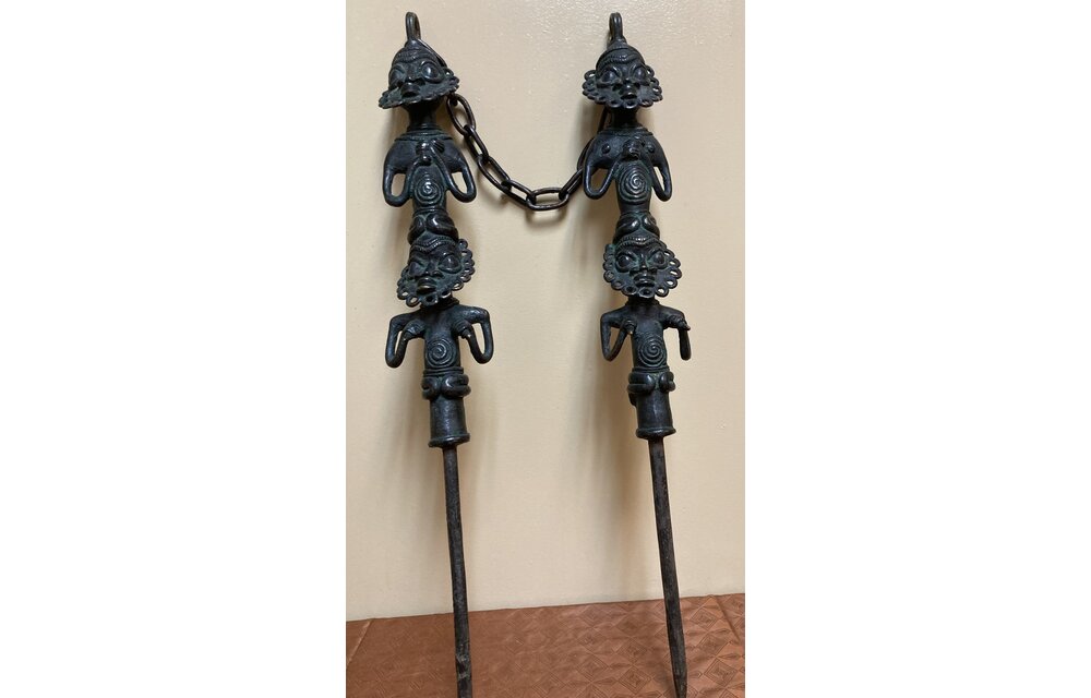 Yoruba Edan of the Ogboni Society: These bronze figures act as an emblem of this co-ed secret society. Members wear a small version of this around their necks. Nigeria. From bottom of spike ot top of