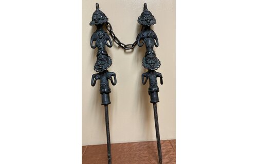 Yoruba Edan of the Ogboni Society: These bronze figures act as an emblem of this co-ed secret society. Members wear a small version of this around their necks. Nigeria. From bottom of spike ot top of
