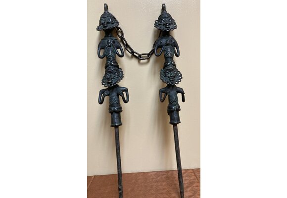 Yoruba Edan of the Ogboni Society: These bronze figures act as an emblem of this co-ed secret society. Members wear a small version of this around their necks. Nigeria. From bottom of spike ot top of