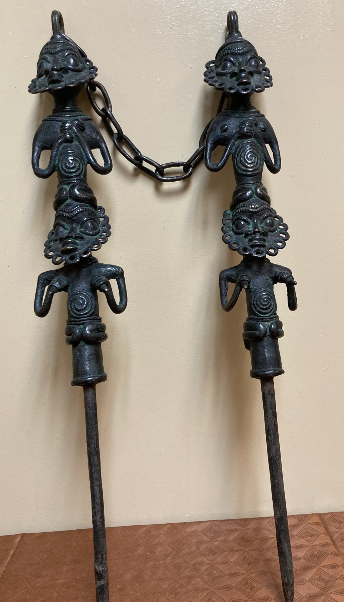 Yoruba Edan of the Ogboni Society: These bronze figures act as an emblem of this co-ed secret society. Members wear a small version of this around their necks. Nigeria. From bottom of spike ot top of