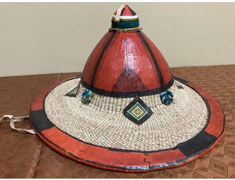 Fulani hat: The Fulani live in about 5-6 african nations (Guinea, Mali, Niger, Senegal, and Nigeria). This is a grand example of their hats, it is larger and fancier than their average hat. 16" diamet