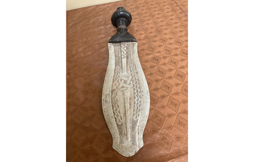 Kuba ceremonial dagger with wooden handle from Dem Rep of Congo. 14 ¾” in long.