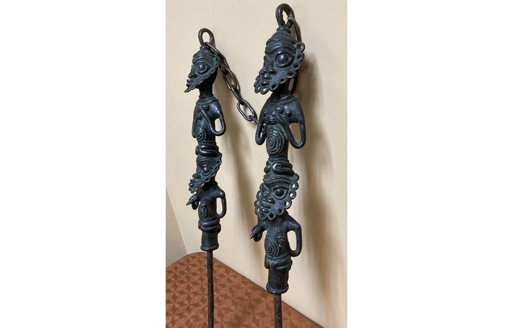 Yoruba Edan of the Ogboni Society: These bronze figures act as an emblem of this co-ed secret society. Members wear a small version of this around their necks. Nigeria. From bottom of spike ot top of