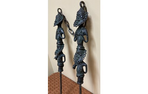 Yoruba Edan of the Ogboni Society: These bronze figures act as an emblem of this co-ed secret society. Members wear a small version of this around their necks. Nigeria. From bottom of spike ot top of