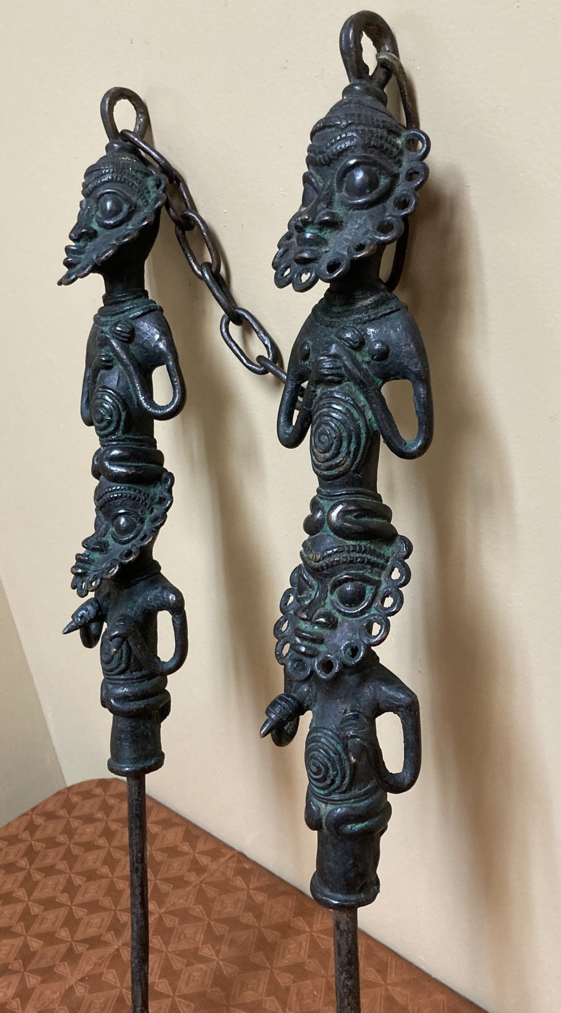 Yoruba Edan of the Ogboni Society: These bronze figures act as an emblem of this co-ed secret society. Members wear a small version of this around their necks. Nigeria. From bottom of spike ot top of
