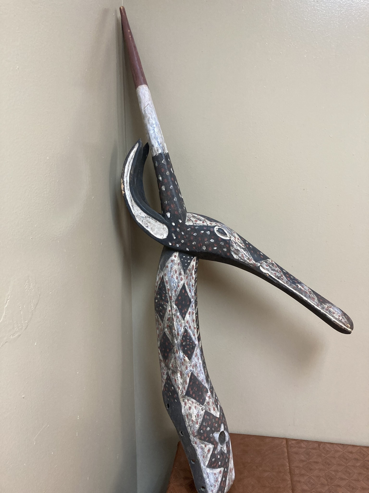 Kurumba Antelope: This graceful figure is actually handheld during both birth celebrations and funerals. The Kurumba are found in northern Burkina Faso. 35 ⅞” tall x 14 ¼” deep