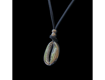 Silver cowrie pendant with leather cord.
