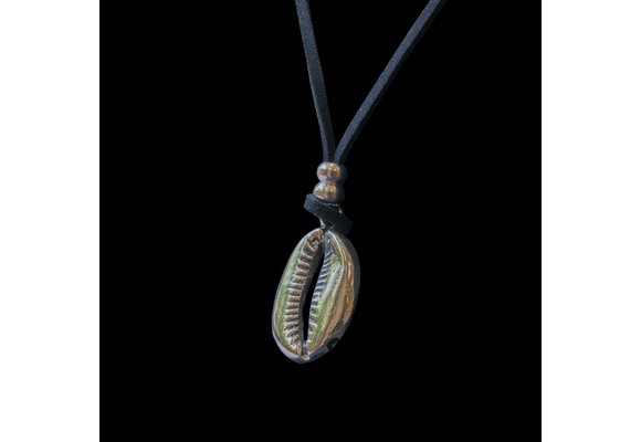 Silver cowrie pendant with leather cord.