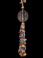 Mali Extra long braided leather necklace adorned with brass and antique multi-colored wedding beads pendant.