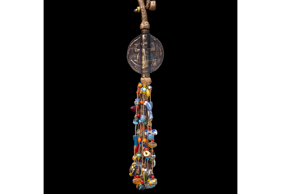 Extra long braided leather necklace adorned with brass and antique multi-colored wedding beads pendant.