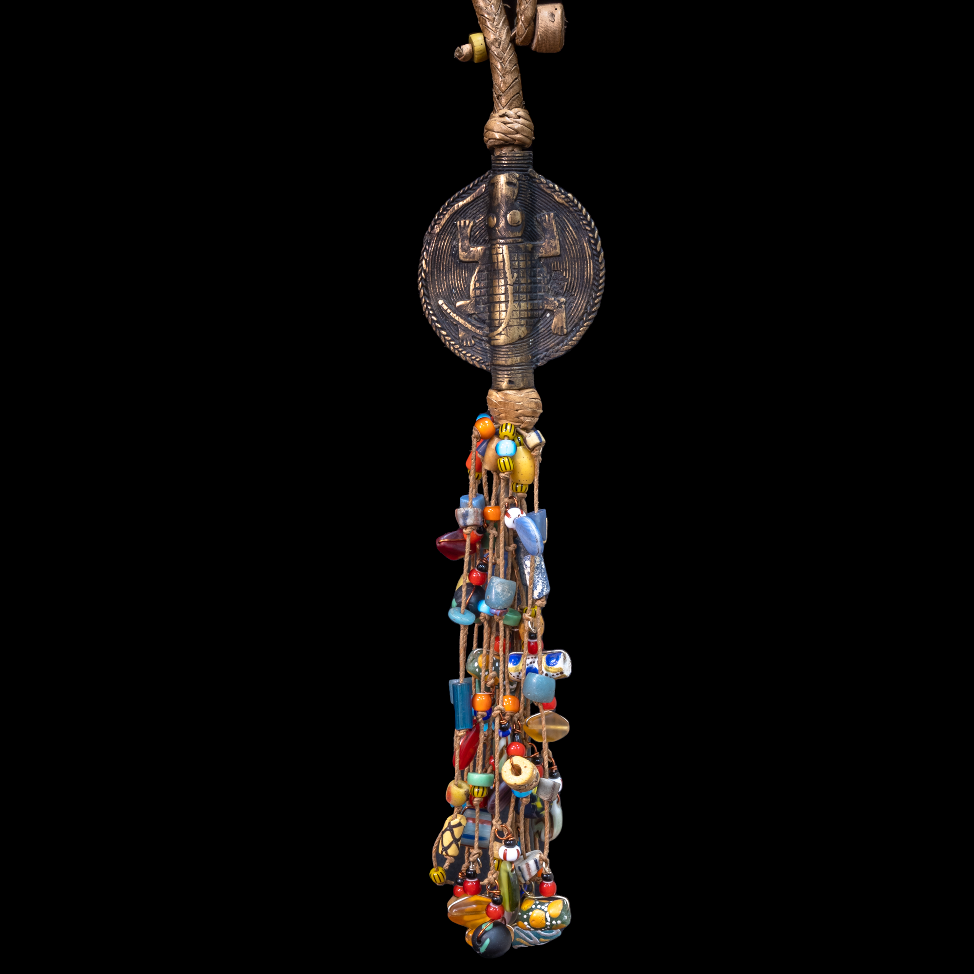 Extra long braided leather necklace adorned with brass and antique multi-colored wedding beads pendant.