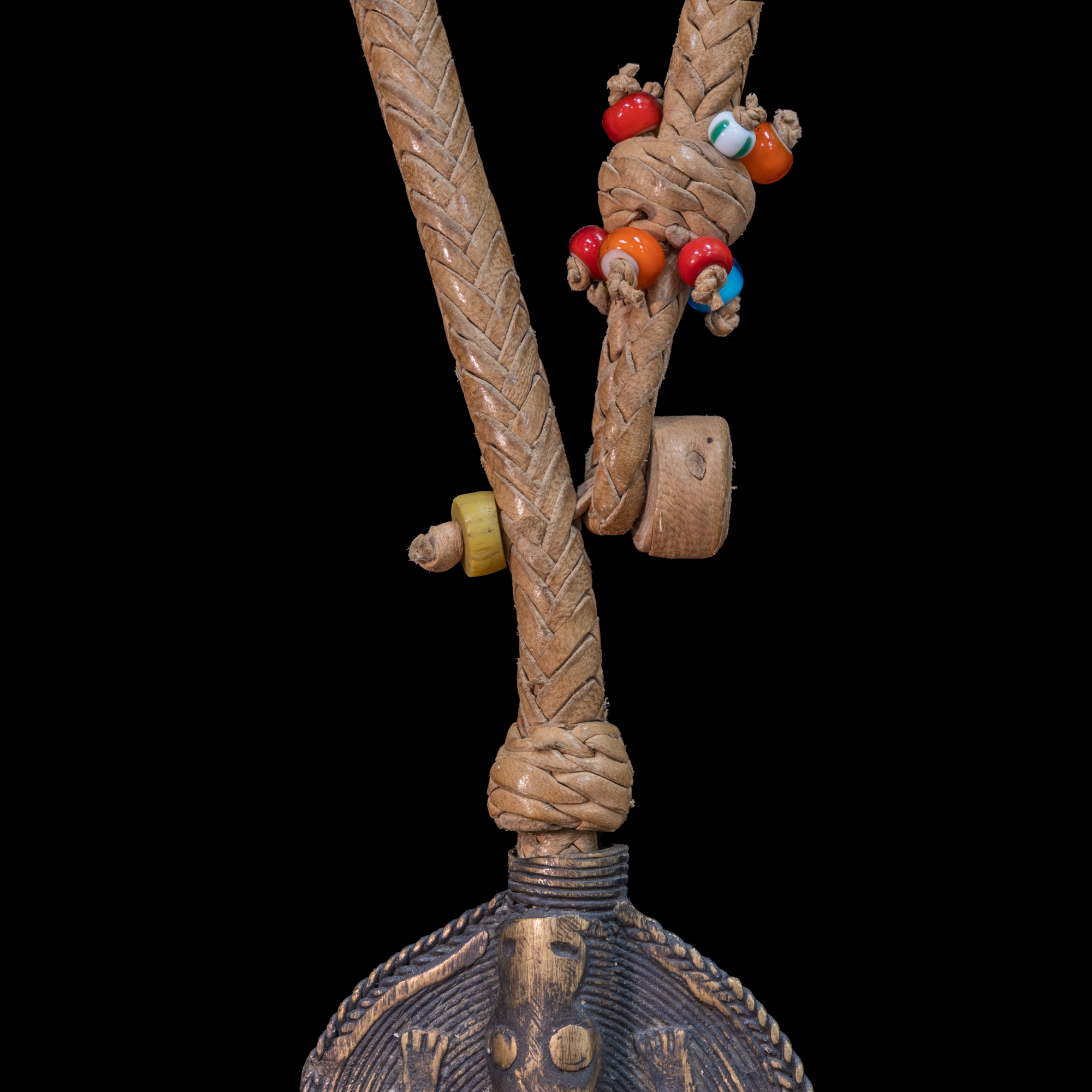 Extra long braided leather necklace adorned with brass and antique multi-colored wedding beads pendant.