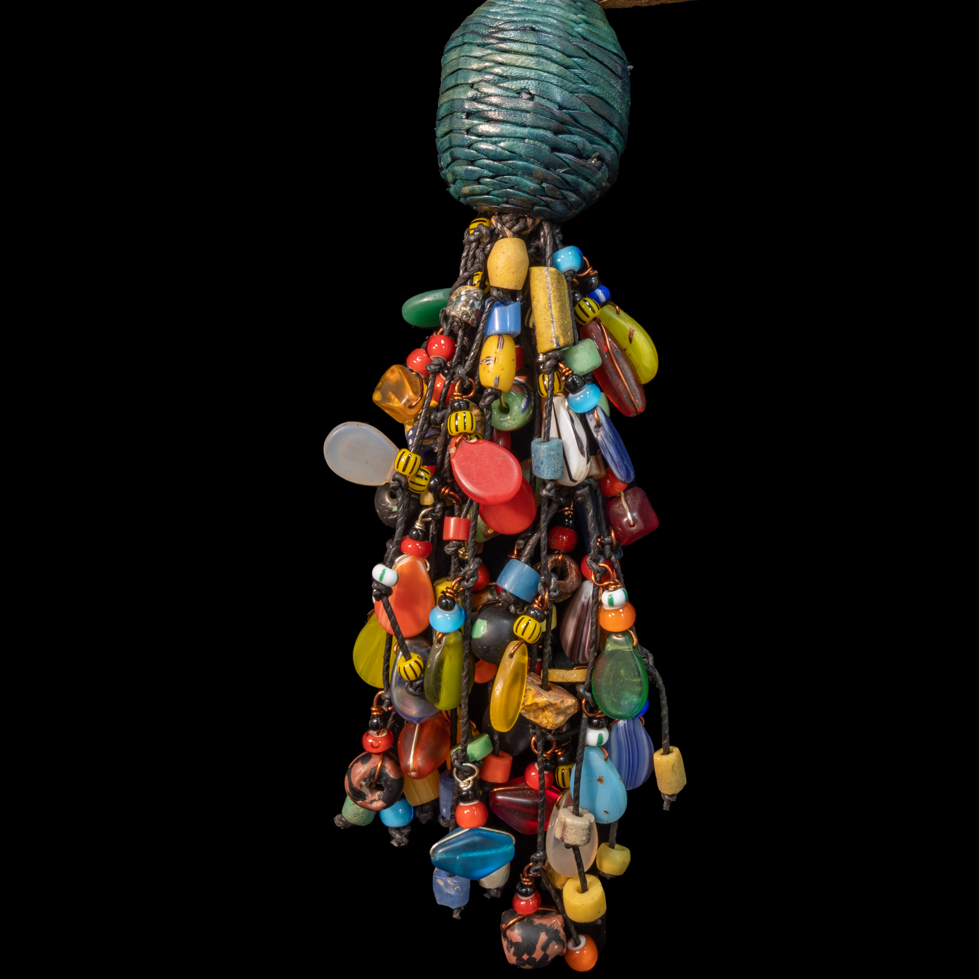 Braided leather necklace/choker adorned with antique multi-colored wedding beads.