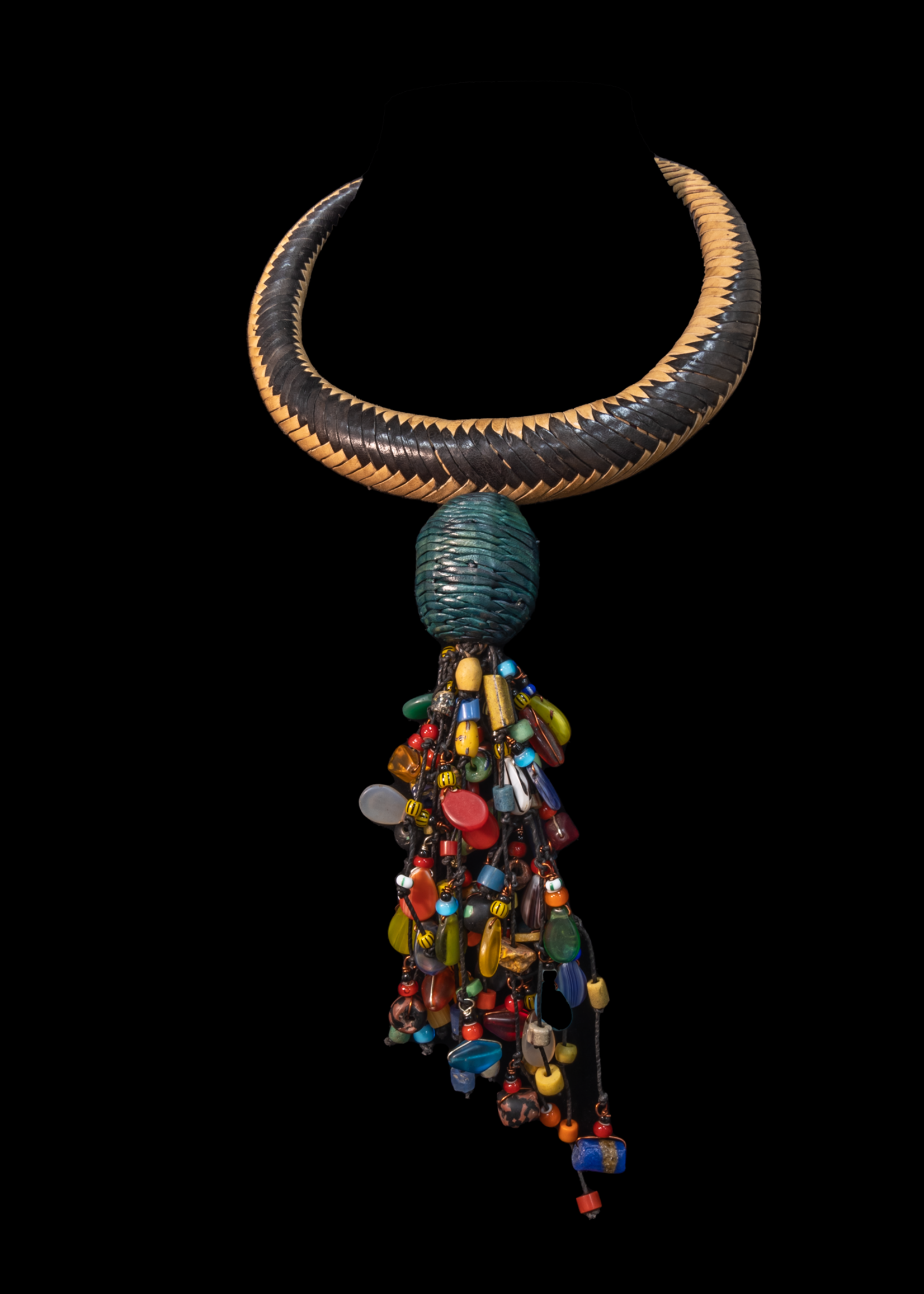 Mali Braided leather necklace/choker adorned with antique multi-colored wedding beads.