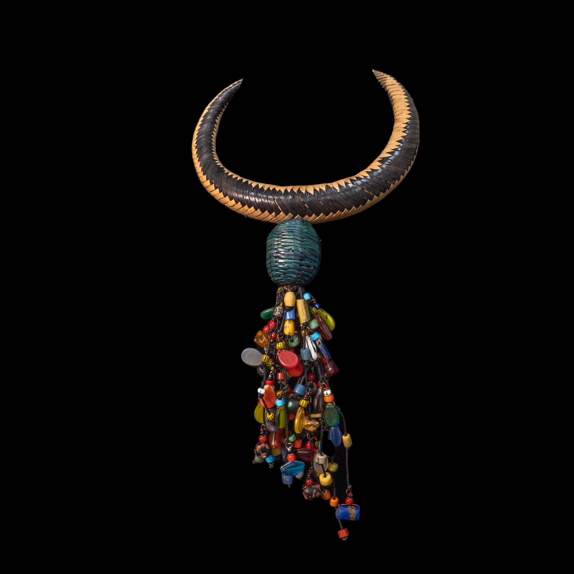 Braided leather necklace/choker adorned with antique multi-colored wedding beads.