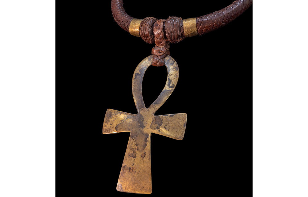 Ethnic Necklace. Braided leather cord with large Ankh  brass pendant.