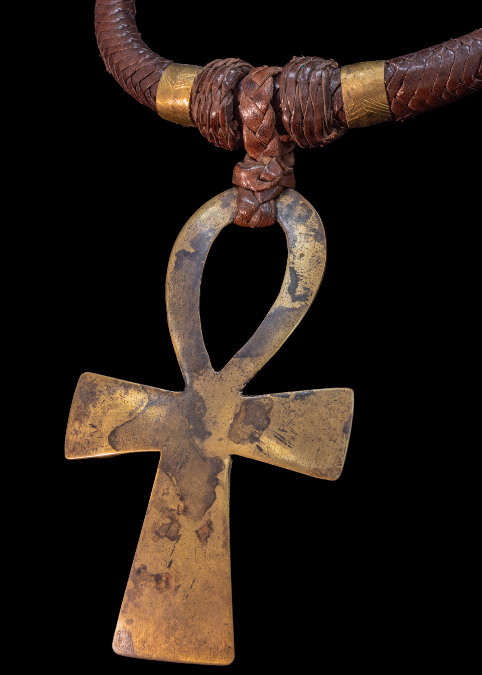 Mali Ethnic Necklace. Braided leather cord with large Ankh  brass pendant.