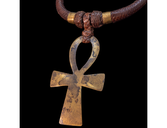Ethnic Necklace. Braided leather cord with large Ankh  brass pendant.