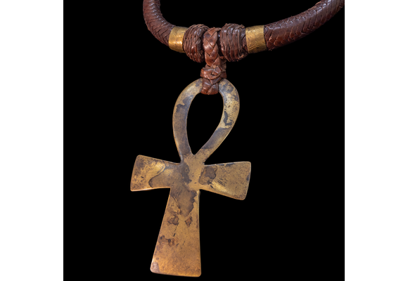 Ethnic Necklace. Braided leather cord with large Ankh  brass pendant.