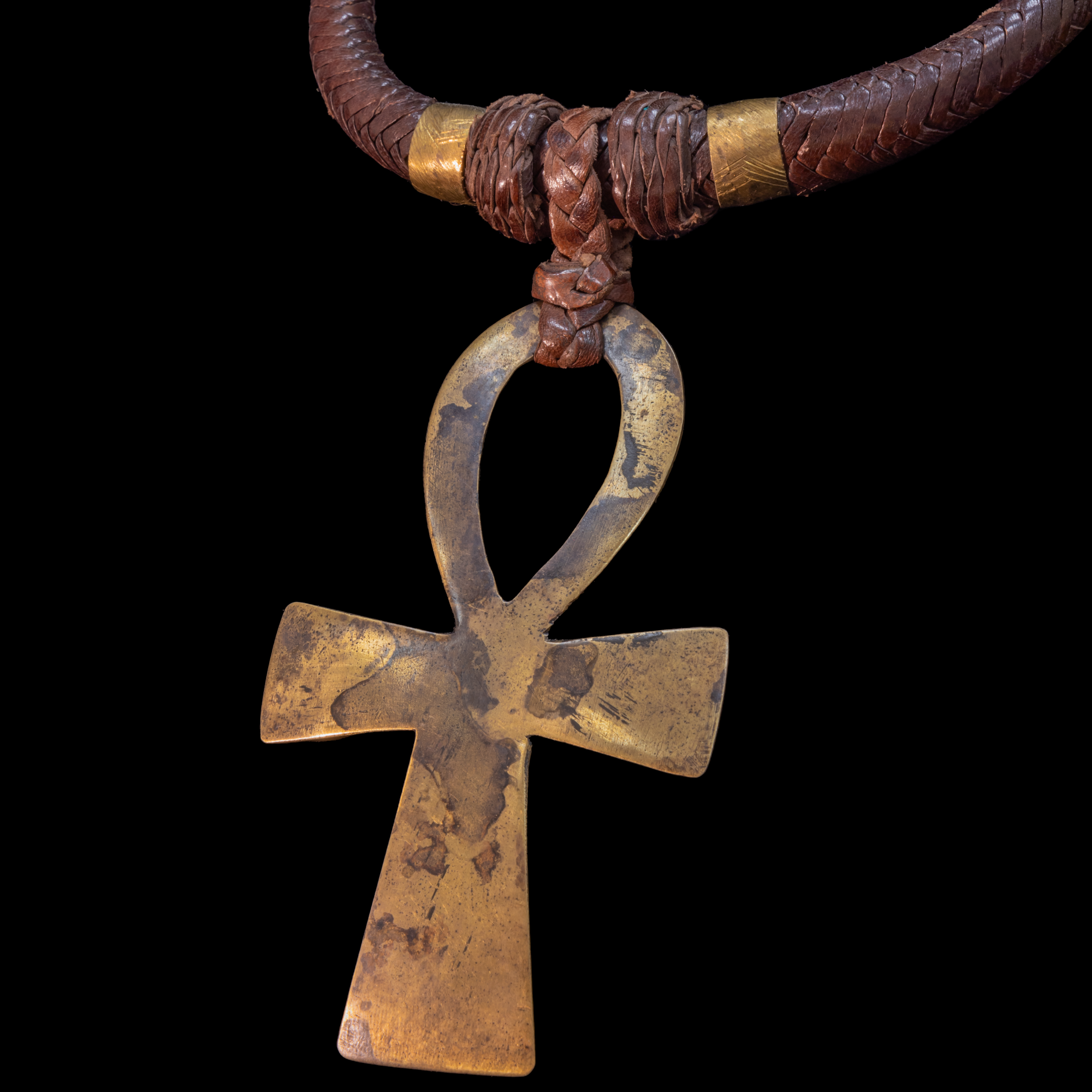 Ethnic Necklace. Braided leather cord with large Ankh  brass pendant.