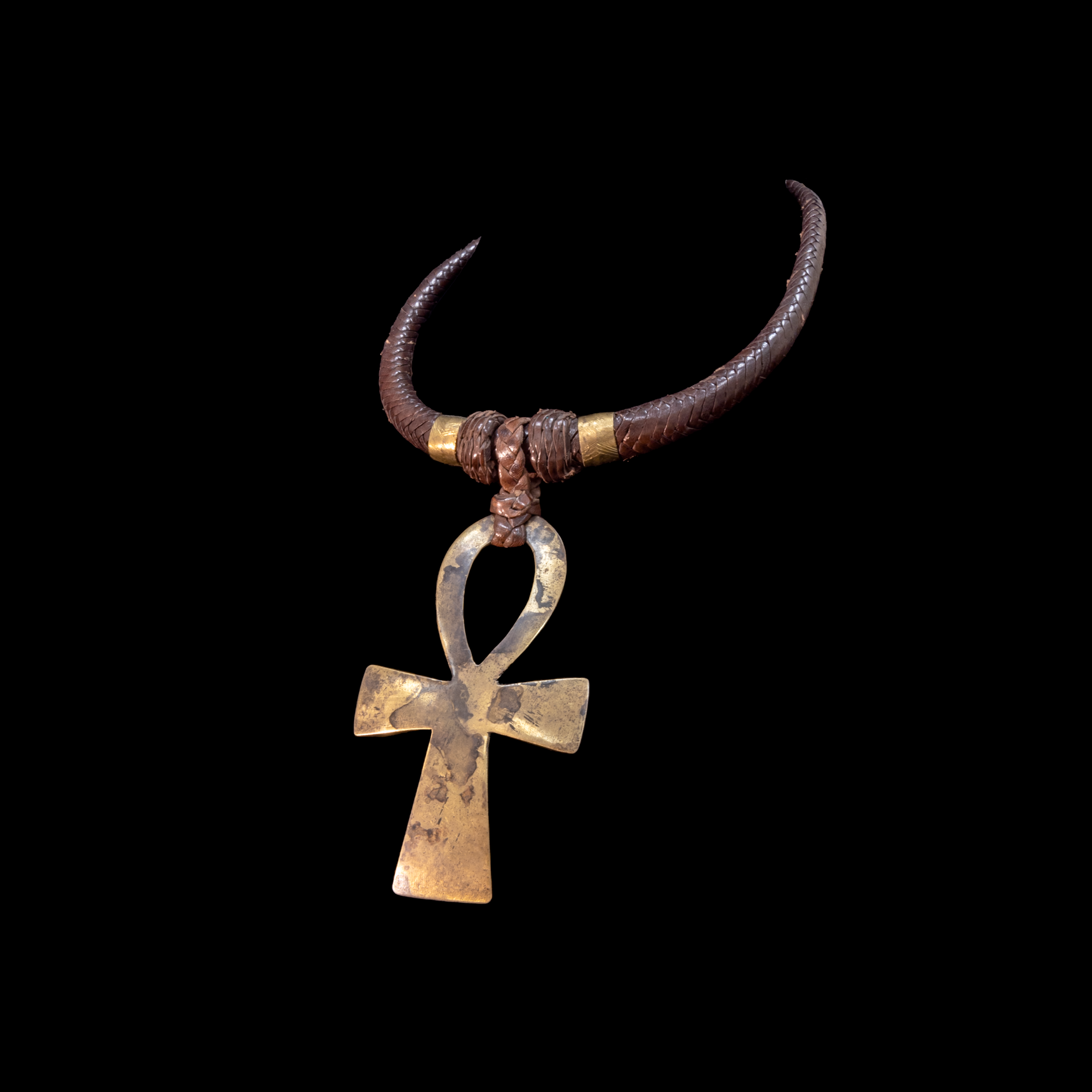 Ethnic Necklace. Braided leather cord with large Ankh  brass pendant.