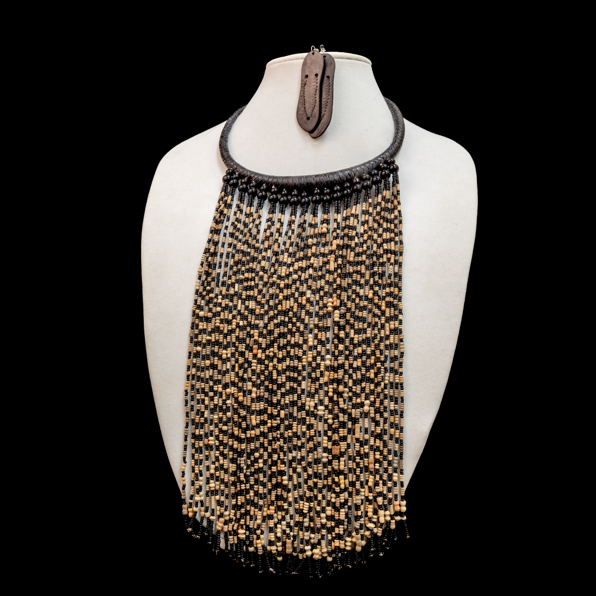 Beautiful leather collar (choker) with long multi-colored beads