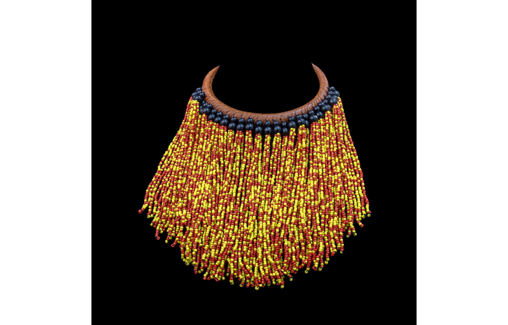 Leather collar (choker) with short multi-colored beads
