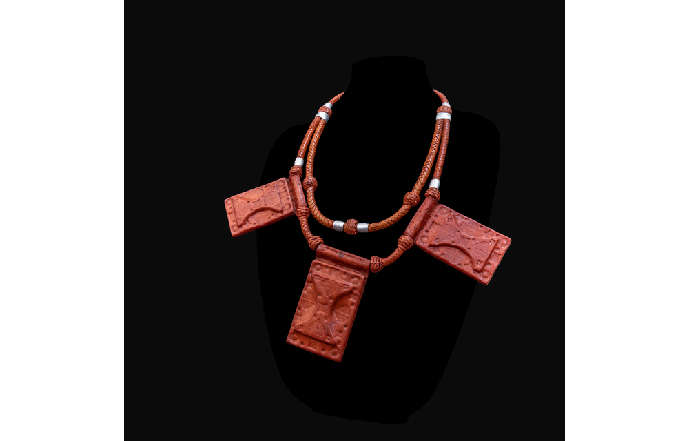 2-layered roped leather necklace with silver metal inserts.