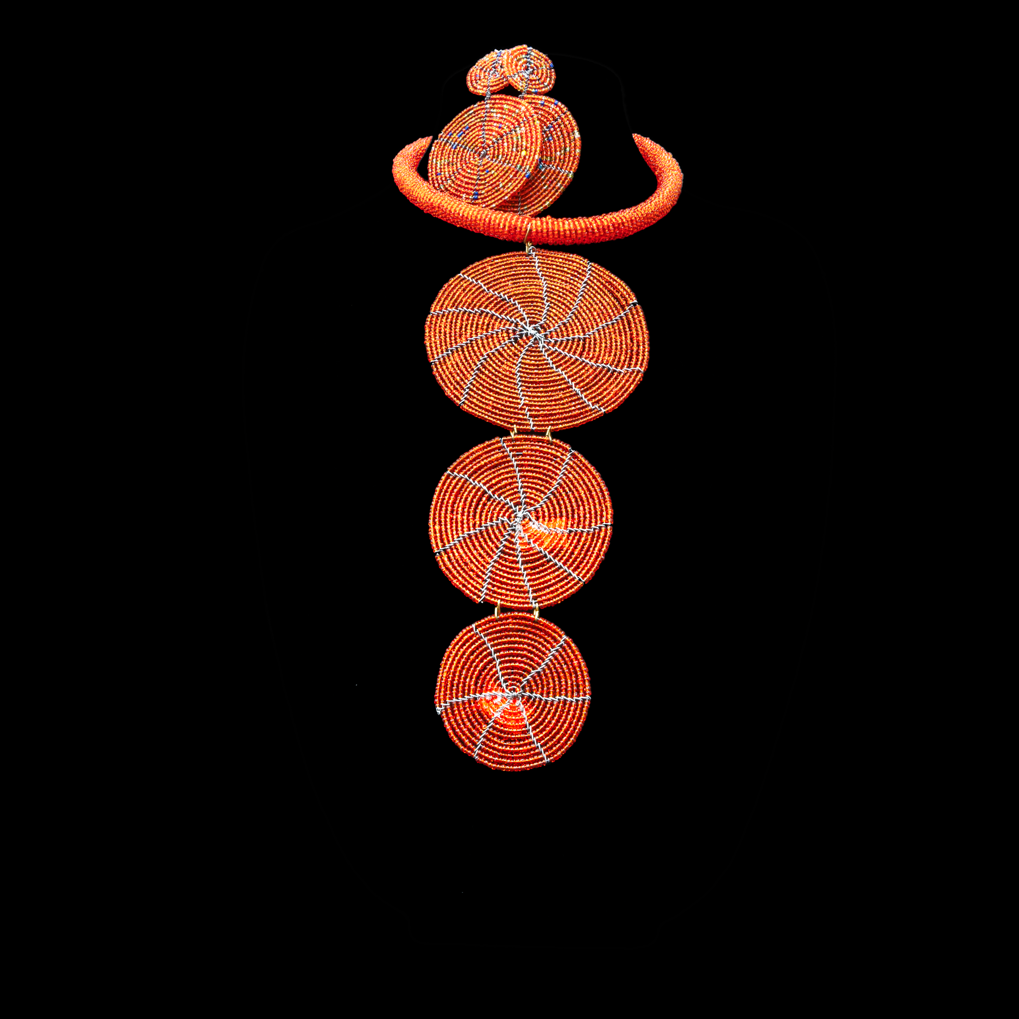 3-tiered beaded Necklace with earrings. Red. Kenya.