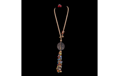 Extra long braided leather necklace adorned with brass and antique multi-colored wedding beads pendant.