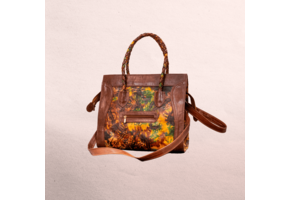 Leather body and trim. Short handles for carrying  and long shoulder straps. Inside and outside pockets! Top zipper. Measures 20.5” x 12.