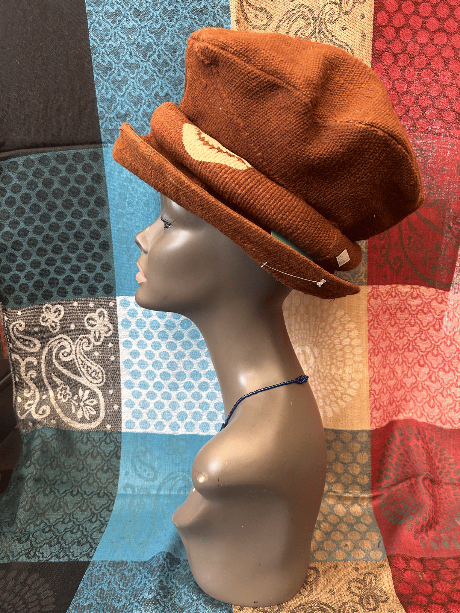 Mudcloth Hat Single Roll Brown and White Print