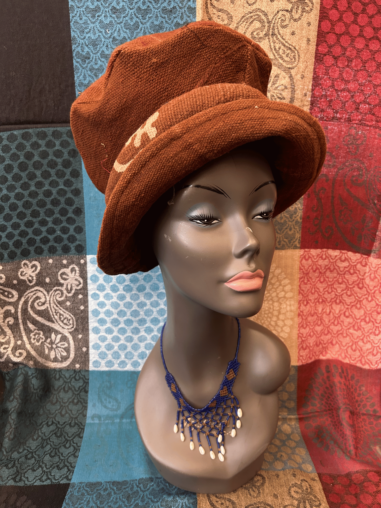 Mudcloth Hat Single Roll Brown and White Print