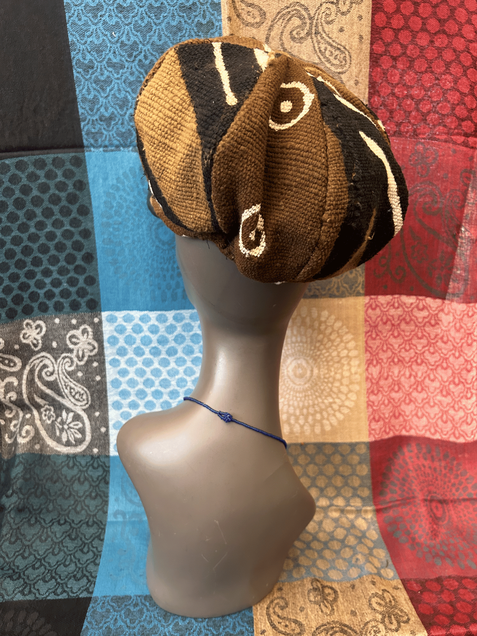Mudcloth Hat with Brim Black and Brown Print