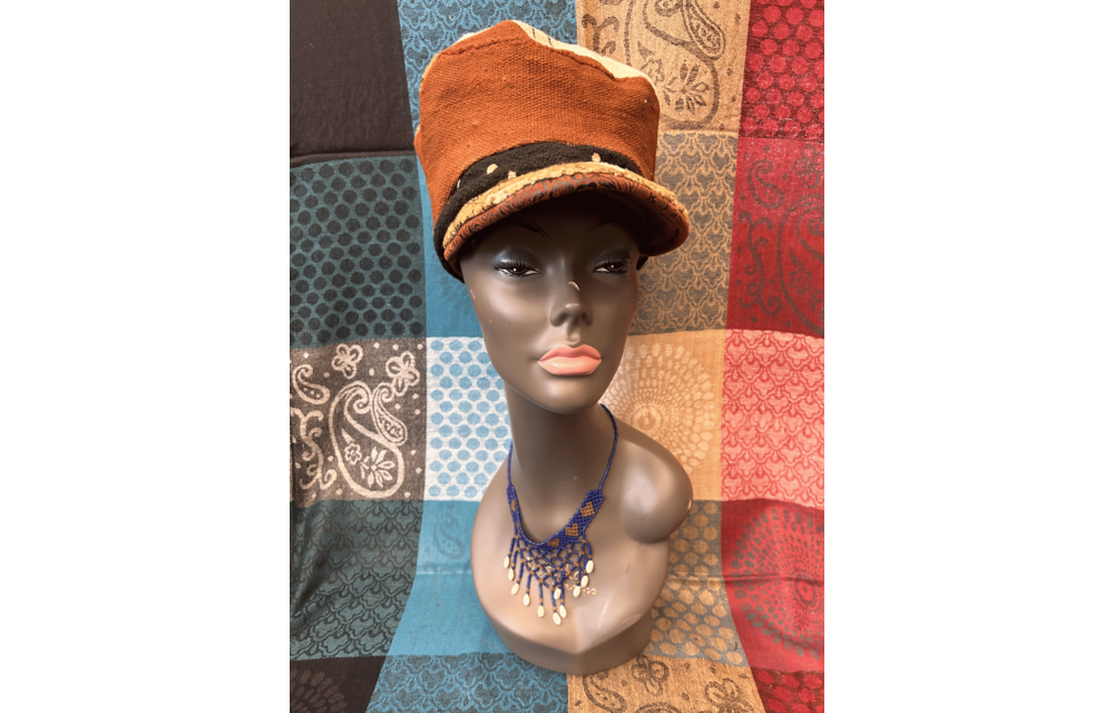 Mudcloth Hat with Brim Black Brown and White Print