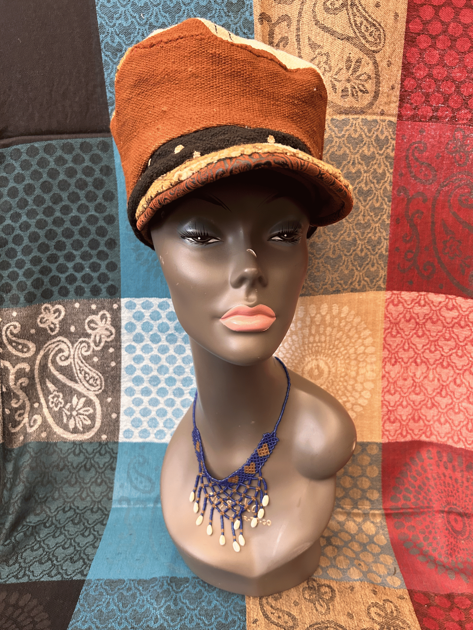 Mudcloth Hat with Brim Black Brown and White Print