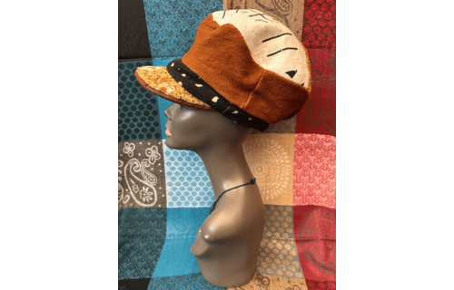 Mudcloth Hat with Brim Black Brown and White Print