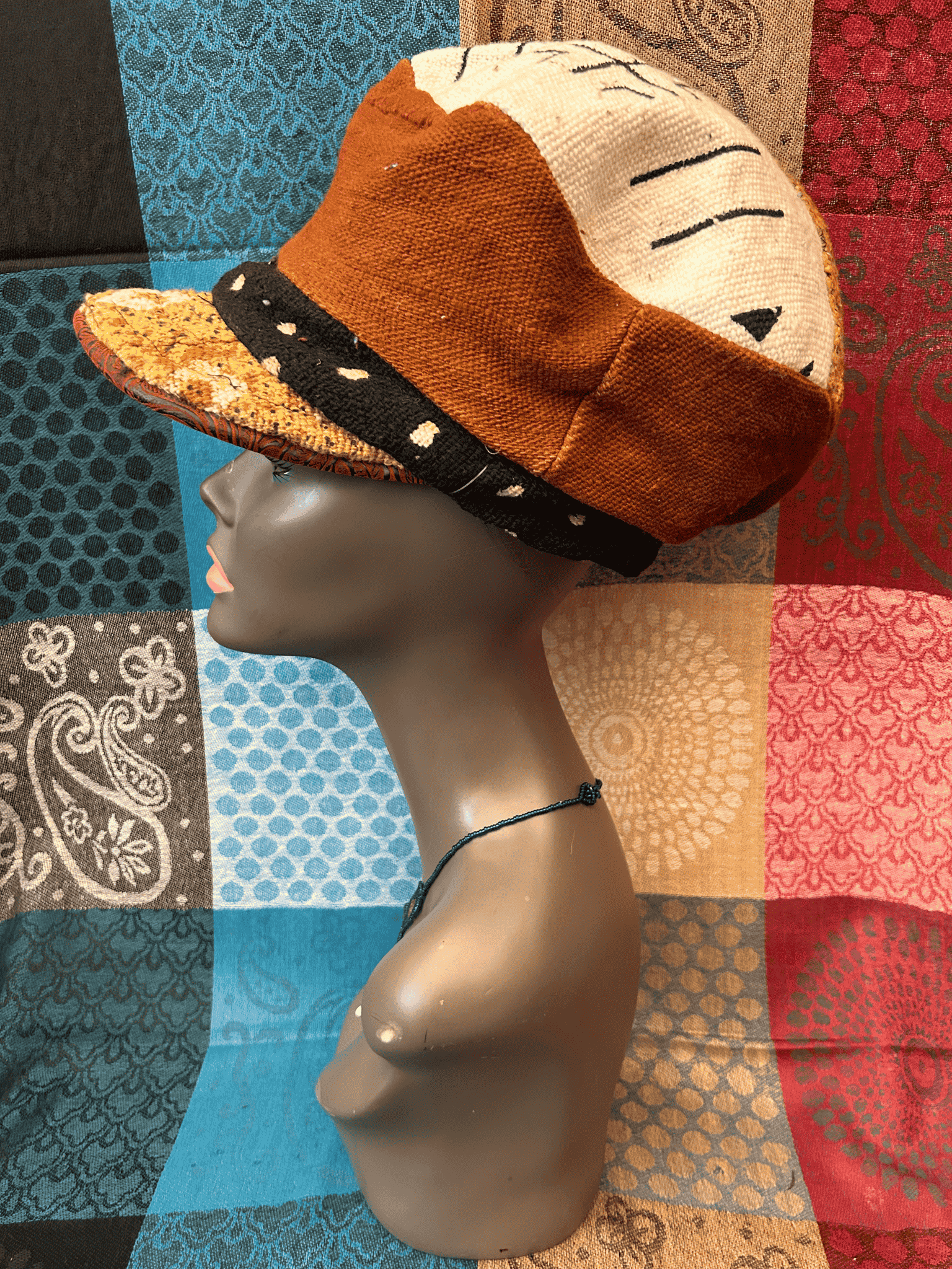 Mudcloth Hat with Brim Black Brown and White Print