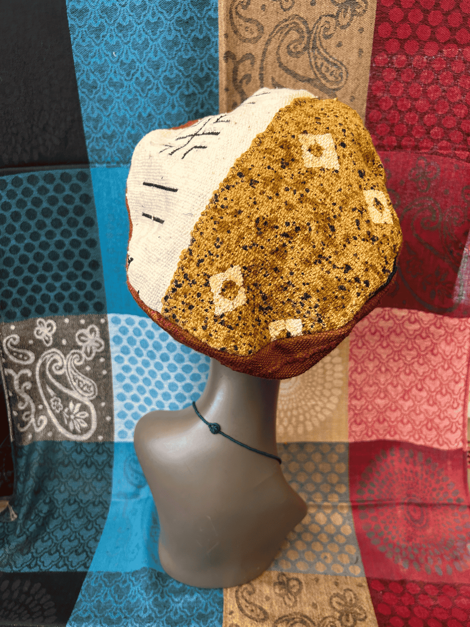 Mudcloth Hat with Brim Black Brown and White Print