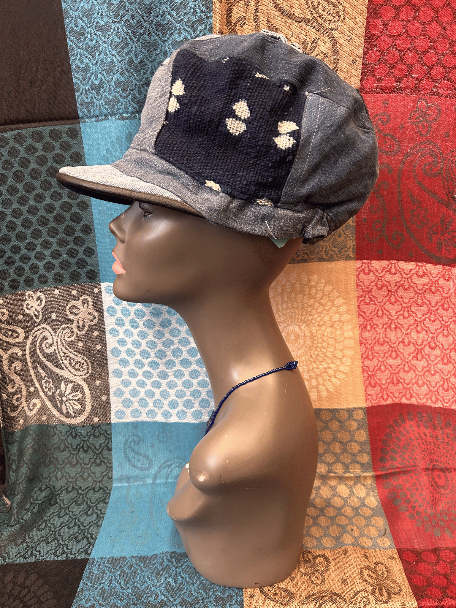 Mudcloth Hat with Brim Denim Blue and White Print