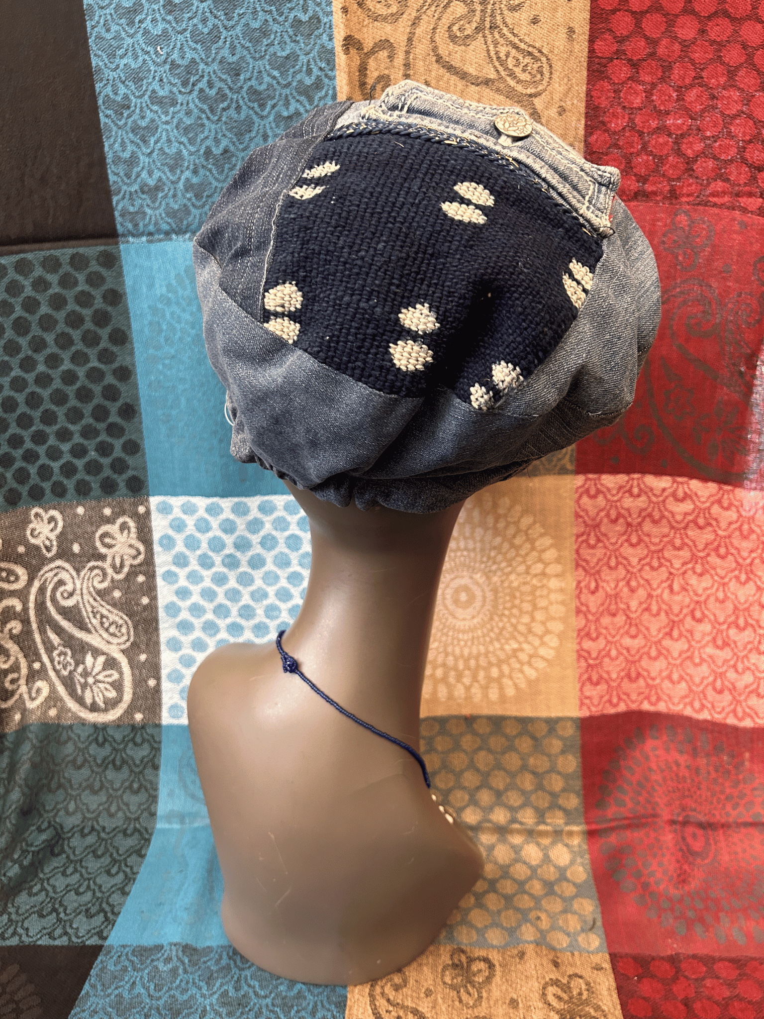 Mudcloth Hat with Brim Denim Blue and White Print