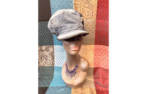 Mudcloth Hat with Brim Denim Blue and White Print