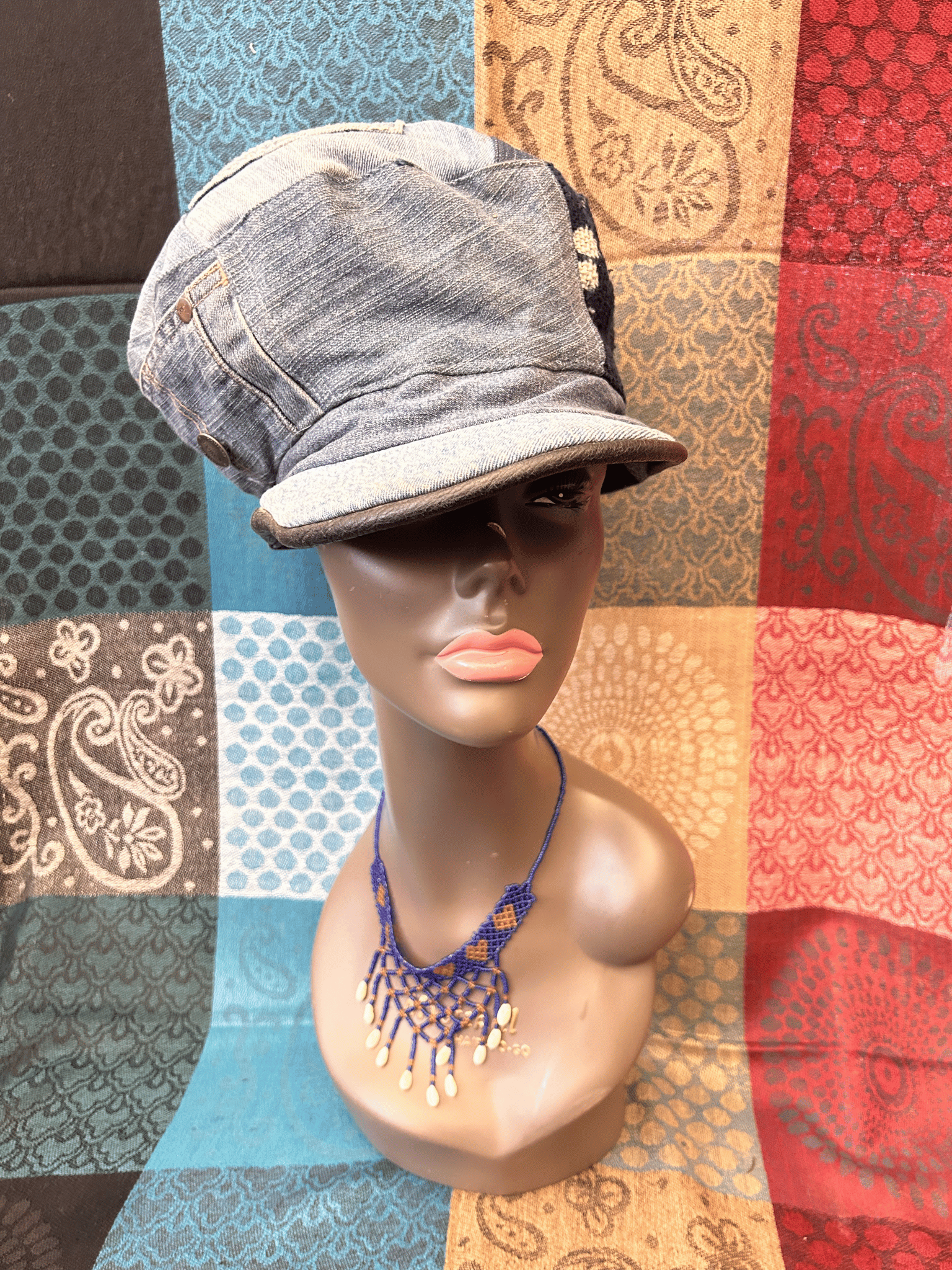 Mudcloth Hat with Brim Denim Blue and White Print