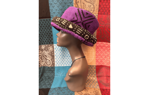 Mudcloth Hat Single Roll Purple Black and White Print