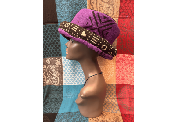 Mudcloth Hat Single Roll Purple Black and White Print