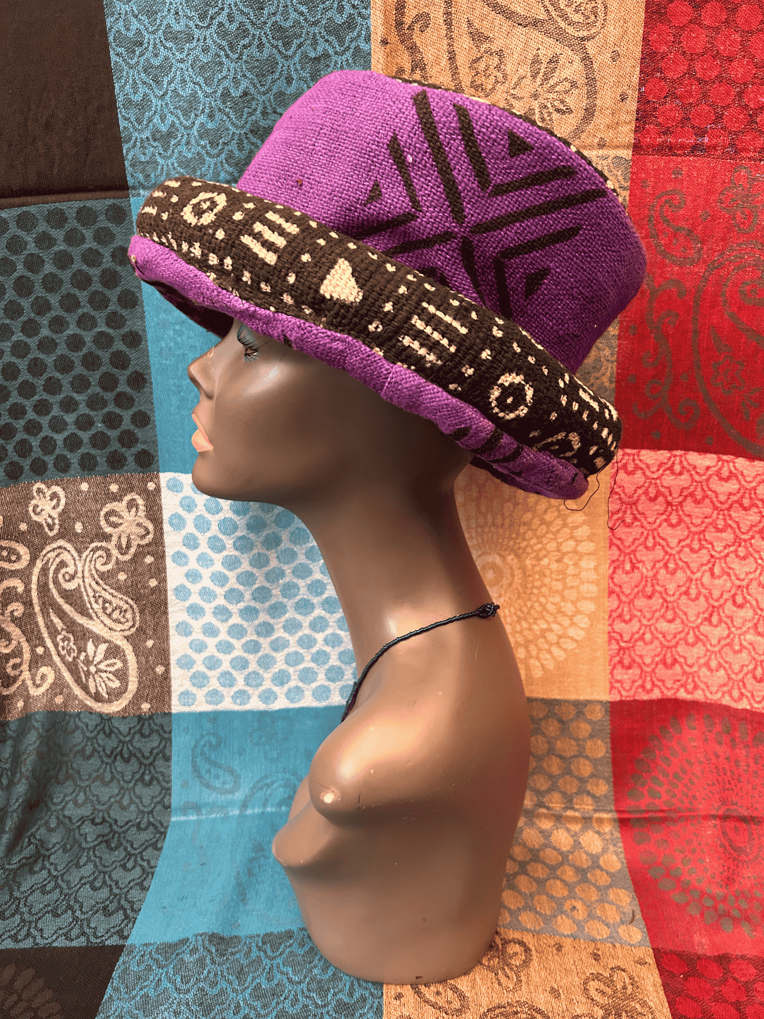 Mudcloth Hat Single Roll Purple Black and White Print